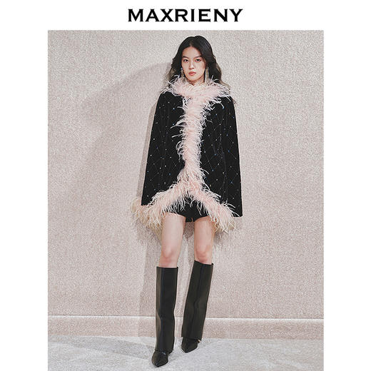 MAXRIENY【商场同款-节庆穿搭】精致复古感羽毛饰边丝绒外套女(货号:MC85JA794) 商品图1