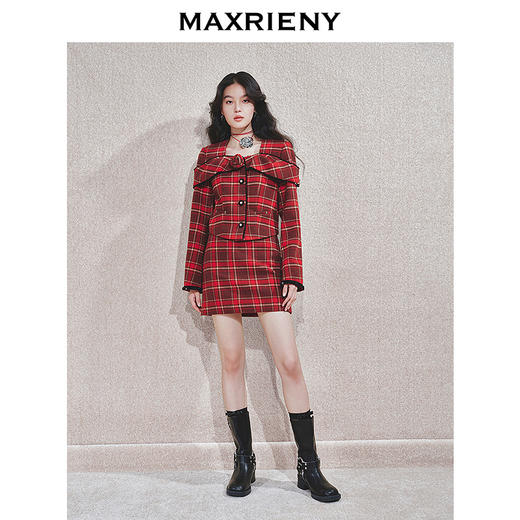 MAXRIENY【商场同款-节庆穿搭新年红】复古优雅感红格纹外套女(货号:MC85JA779) 商品图3