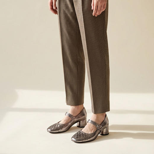 Westory2026年春季圆头中跟金属牛皮编织玛丽珍单鞋复古通勤百搭浅口鞋W26AE50491 商品图9