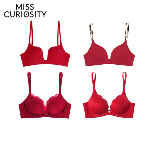 好奇蜜斯红内衣女大胸显小胸聚拢文胸罩套装无痕马本命年结婚性感-红品蕾丝+无痕文胸合集 商品图0