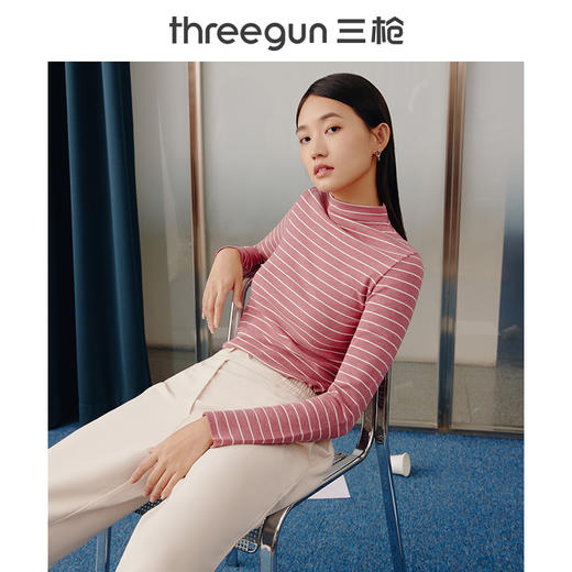 Threegun三枪 【彩条密棉】半高领女士长袖上衣打底衫-23534A011 商品图1