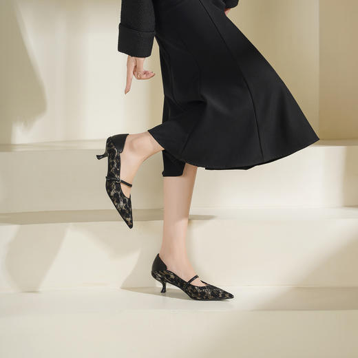 Westory2026年春季尖头低跟蕾丝拼牛皮玛丽珍单鞋通勤百搭浅口鞋S26AE50421 商品图5