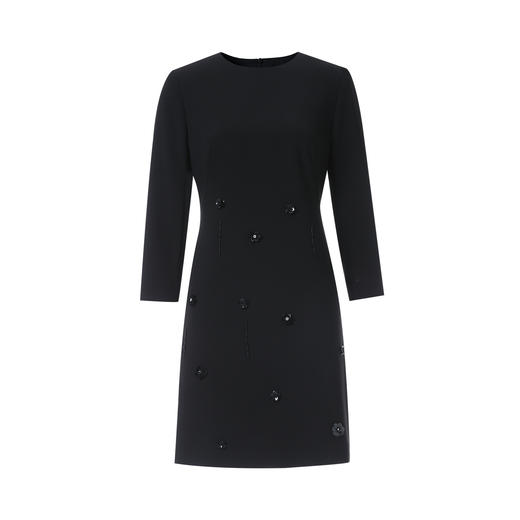 EITIE爱特爱气质圆领黑色亮片花朵装饰八分袖显瘦2026年春季新款连衣裙A2607133 商品图5