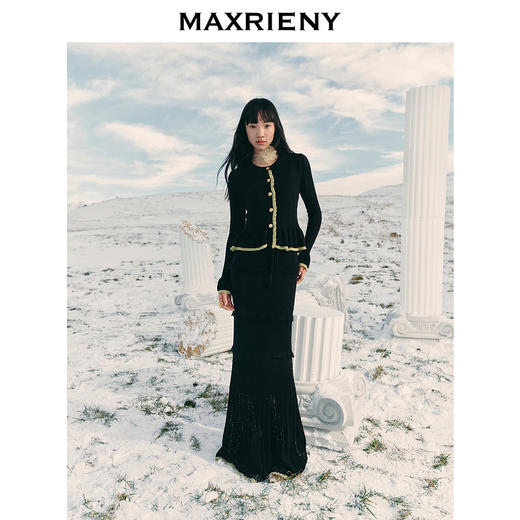 MAXRIENY浪漫复古感花边针织毛衫黑白撞色修身显瘦上衣女24冬新款(货号:MS85SW526) 商品图1