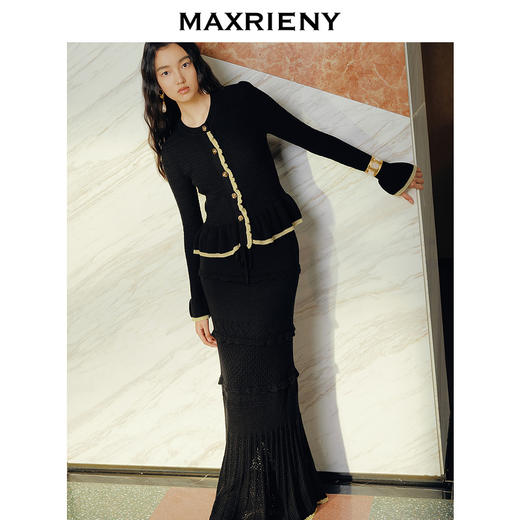 MAXRIENY浪漫复古感花边针织毛衫黑白撞色修身显瘦上衣女24冬新款(货号:MS85SW526) 商品图3
