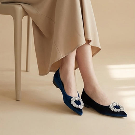 Westory2026年春季平跟尖头天鹅绒配心形仿钻扣套包舒适百搭通勤浅口单鞋W26AE50021 商品图9