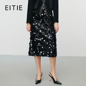 EITIE爱特爱精致高腰包臀直筒亮片黑色半身裙冬季新款8006704