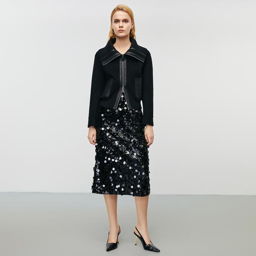 EITIE爱特爱精致高腰包臀直筒亮片黑色半身裙冬季新款8006704 商品图3