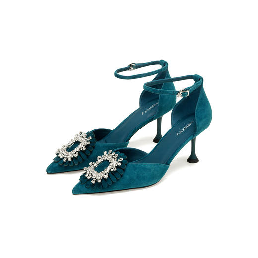 Westory2026年春季尖头中跟羊京孔雀蓝配花型方扣中空单鞋晚宴鞋W26AH50141 商品图0