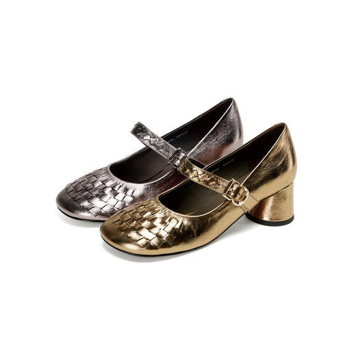 Westory2026年春季圆头中跟金属牛皮编织玛丽珍单鞋复古通勤百搭浅口鞋W26AE50491 商品图0