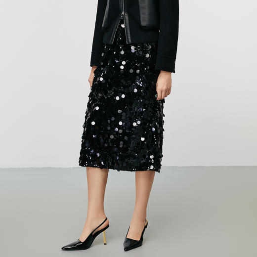 EITIE爱特爱精致高腰包臀直筒亮片黑色半身裙冬季新款8006704 商品图1