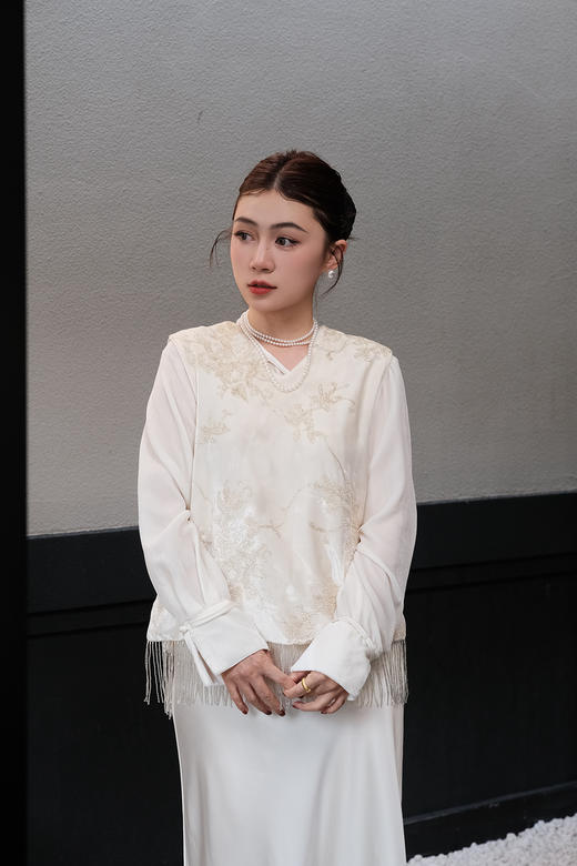 盛唐牡丹 | 白金丝绒蝴蝶流苏边马甲 商品图2