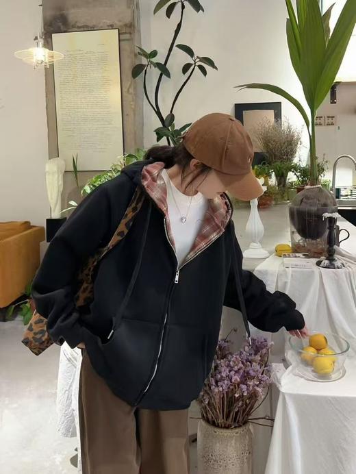 女王节抢购价-不支持退【自营】🔥🔥加绒厚款【内里颗粒绒】宽松大版（内里拼格子）连帽休闲卫衣拉链外套-喜出 商品图1