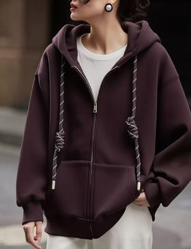 女王节抢购价-不支持退【自营】🔥🔥加绒厚款【内里颗粒绒】宽松大版（彩绳）连帽休闲卫衣拉链外套-喜出