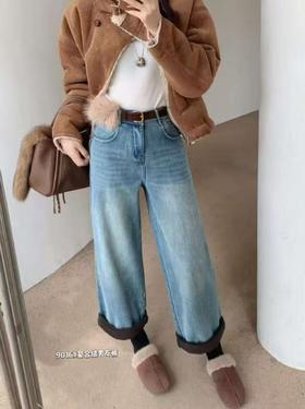 女王节抢购价-不支持退（清）【自营】不支持退货🔥🔥【2025爆款牛仔】加绒加厚男友裤～9016可卷边加绒加厚牛仔裤（少部分无腰带配饰随机发）-喜出