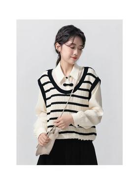 【韩系毛衣】假两件条纹～针织拼新中式假两件毛衣-喜出