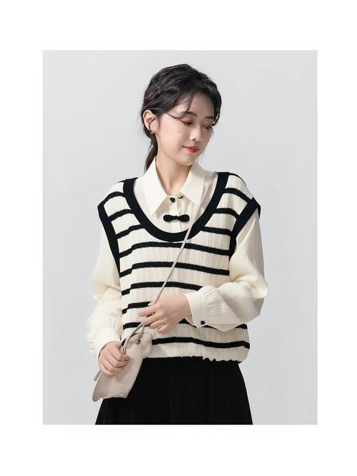 【韩系毛衣】假两件条纹～针织拼新中式假两件毛衣-喜出 商品图0
