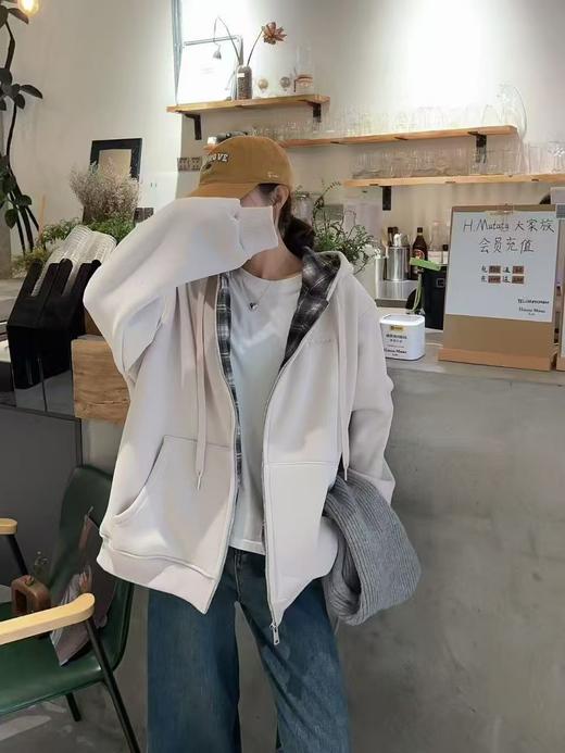 女王节抢购价-不支持退【自营】🔥🔥加绒厚款【内里颗粒绒】宽松大版（内里拼格子）连帽休闲卫衣拉链外套-喜出 商品图4