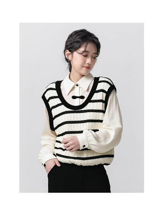 【韩系毛衣】假两件条纹～针织拼新中式假两件毛衣-喜出 商品图2
