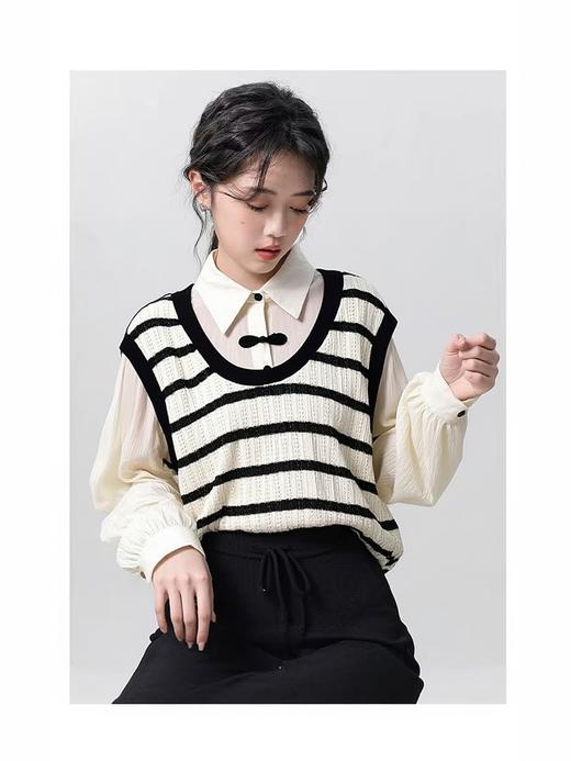 【韩系毛衣】假两件条纹～针织拼新中式假两件毛衣-喜出 商品图1
