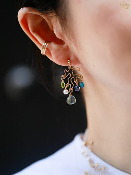SpoiledBrat Jewelry珊瑚系列｜海蓝宝珍珠磷灰石不对称耳环 商品图1