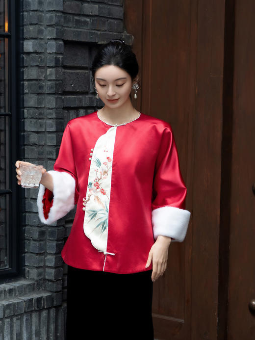 盛唐牡丹大师系列-卢梅红 | 赤霞丝毛手绣水貂棉外套 商品图1
