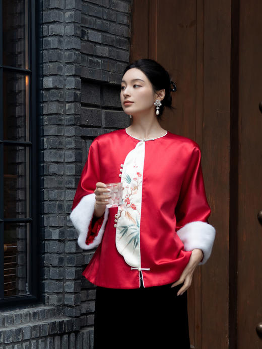 盛唐牡丹大师系列-卢梅红 | 赤霞丝毛手绣水貂棉外套 商品图0