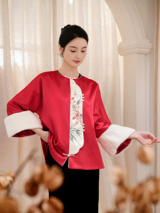 盛唐牡丹大师系列-卢梅红 | 赤霞丝毛手绣水貂棉外套 商品图4