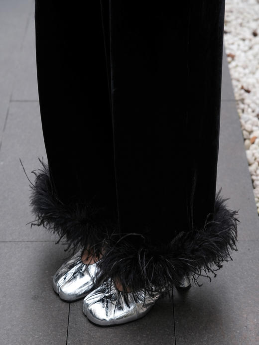 盛唐婧 | 新中式真丝丝绒鸵鸟毛阔腿裤 商品图1