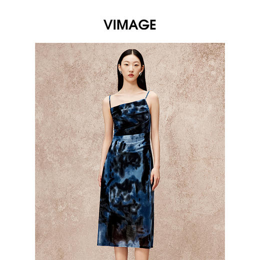VIMAGE纬漫纪秋季新款露背高腰显瘦修身晕染印花吊带连衣裙V2207802 商品图0