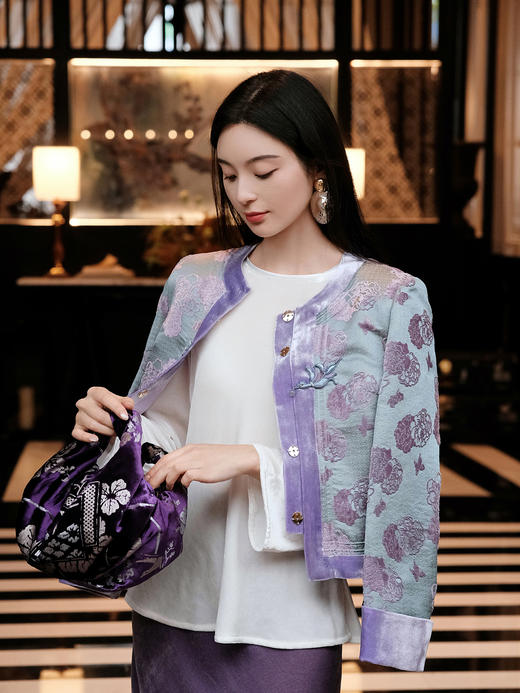 盛唐牡丹 | 秋波蓝牡丹亭真丝漳缎外套 商品图1