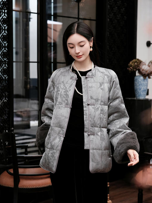 盛唐牡丹| 深灰提花对襟水貂羽绒服 商品图5