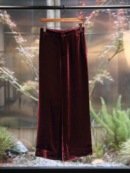 盛唐婧 | 新中式重磅真丝丝绒直筒裤-暗红色 商品图0