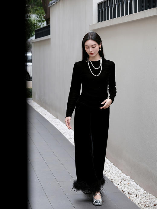 盛唐婧 | 新中式真丝丝绒鸵鸟毛阔腿裤 商品图3