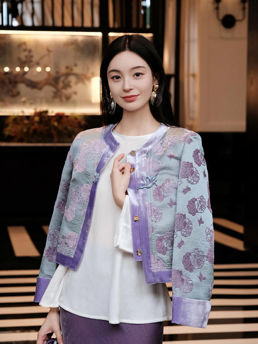 盛唐牡丹 | 秋波蓝牡丹亭真丝漳缎外套 商品图0