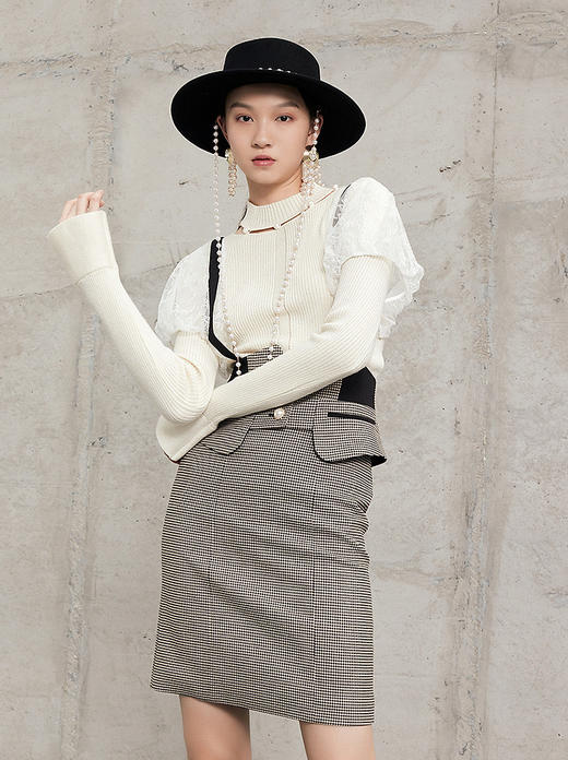 气质优雅蕾丝网纱拼接针织衫修身显瘦上衣（MG8330520091SW0A10） 商品图0