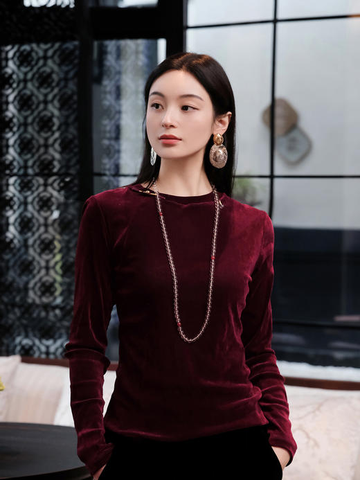 盛唐婧 | 时尚百搭高弹中式打底衫-红色 商品图1