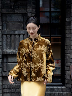 瑕疵|盛唐牡丹 |丝绒小鸟双面穿外套 (不夹棉) (实物的棕色一面为黑扣子.不是棕色扣子)