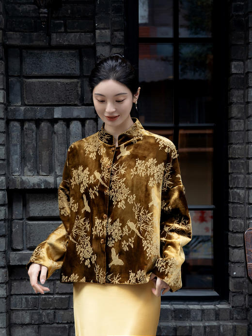 盛唐牡丹 |丝绒小鸟双面穿外套 (不夹棉) (实物的棕色一面为黑扣子.不是棕色扣子) 商品图0