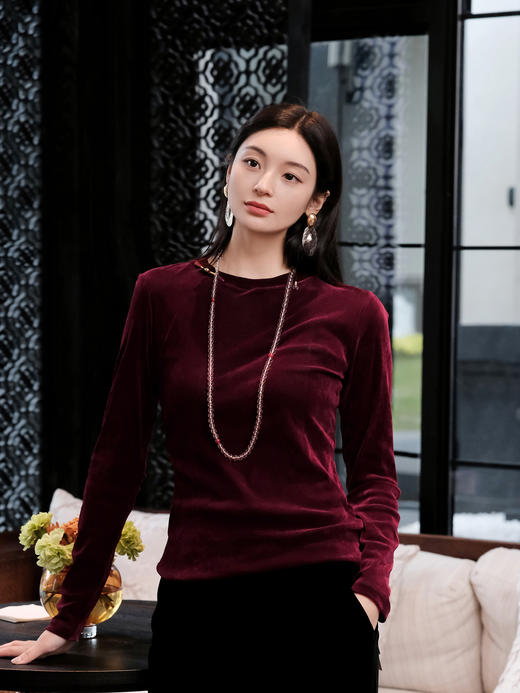 盛唐婧 | 时尚百搭高弹中式打底衫-红色 商品图0