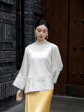 盛唐牡丹 |盘银手推绣真丝上衣+宫廷钉珠装饰云肩/珍珠白