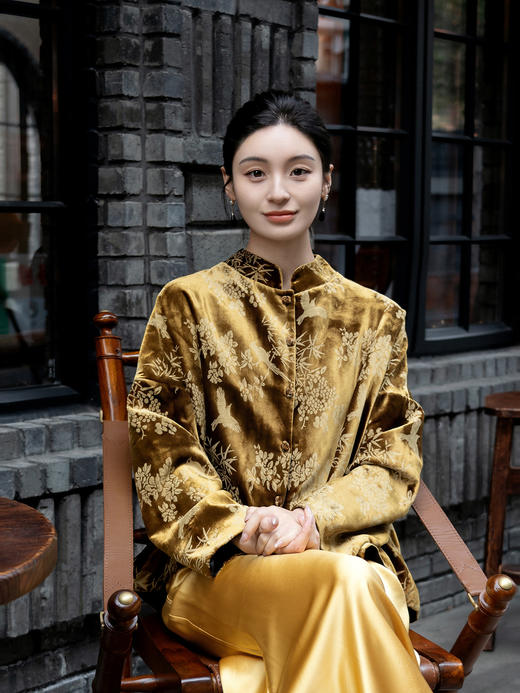 盛唐牡丹 |丝绒小鸟双面穿外套 (不夹棉) (实物的棕色一面为黑扣子.不是棕色扣子) 商品图1