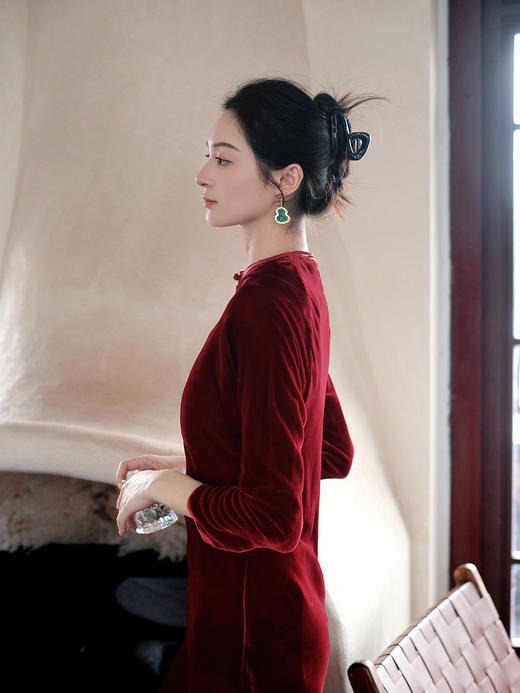 盛唐牡丹| 真丝丝绒花扣斜襟旗袍裙 商品图4