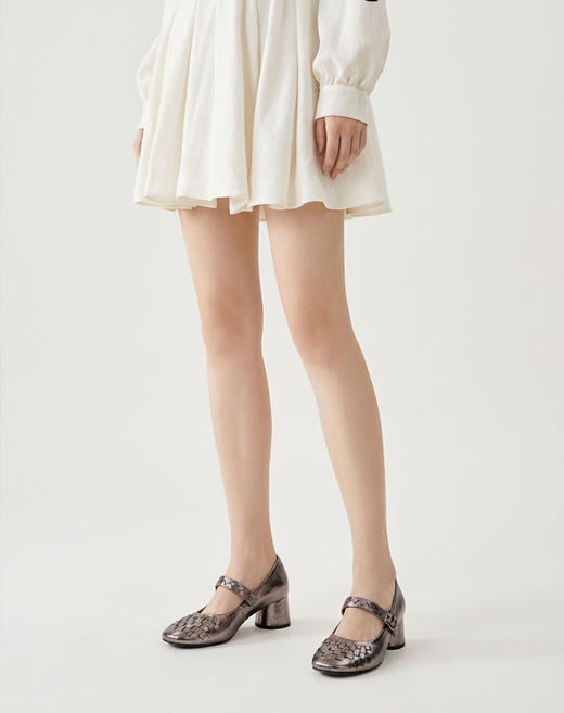 Westory2026年春季圆头中跟金属牛皮编织玛丽珍单鞋复古通勤百搭浅口鞋W26AE50491 商品图7