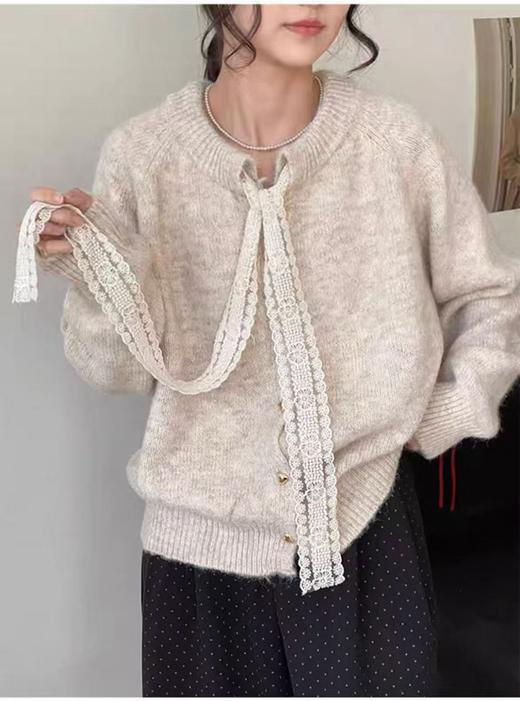自营【超美针织衫】M15温柔风氛围感蕾丝飘带开衫毛衣-喜出 商品图5