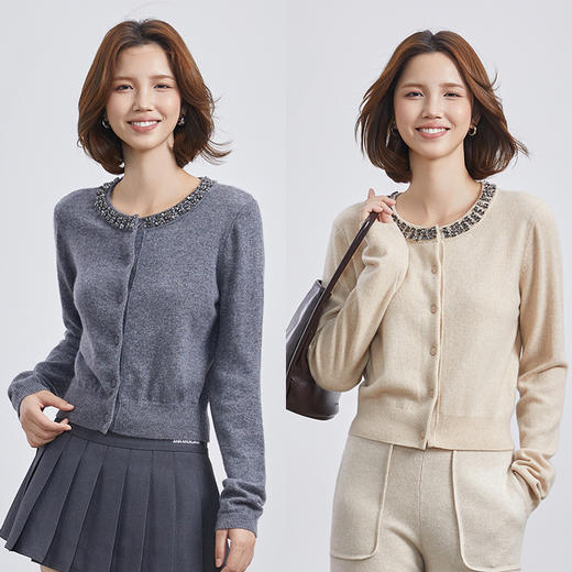 VogoPetite100%山羊绒舒适亲肤miu系重工手缝镶钻长袖开衫 BP133F1514 商品图0