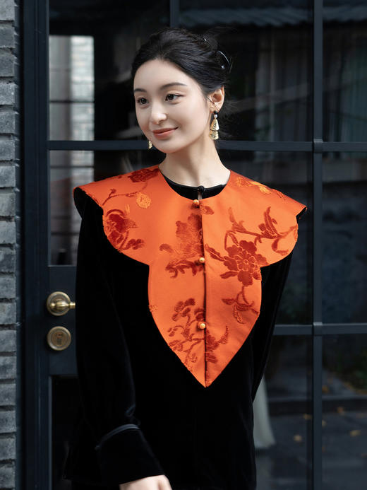 盛唐牡丹 | 柿子红真丝漳缎披肩 商品图1