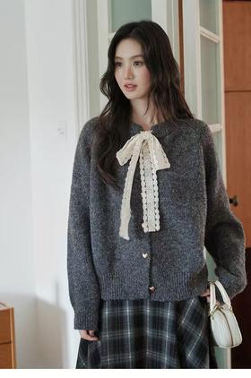 自营【超美针织衫】M15温柔风氛围感蕾丝飘带开衫毛衣-喜出