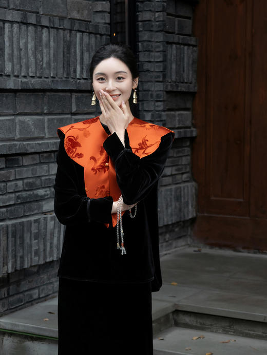 盛唐牡丹 | 柿子红真丝漳缎披肩 商品图5