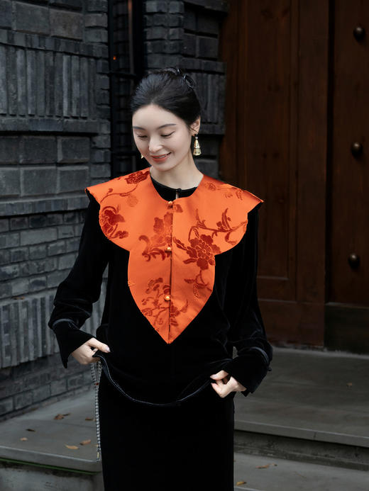 盛唐牡丹 | 柿子红真丝漳缎披肩 商品图4